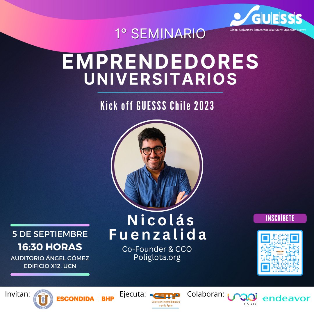 Si eres estudiante universitari@ de #Antofagasta y tienes un emprendimiento 👀, te invitamos a participar en el Kick off de GUESSS 2023 🤩
Para participar, solo debes inscribirte escaneando el código QR o ingresa en el link: shorturl.at/wIY67