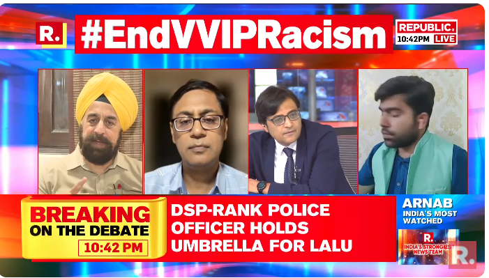 republic's tweet photo. PM Modi made sincere efforts and showed the path to end #EndVVIPRacism. He has multiple times stopped his convoy to make way for an ambulance: BJP National Spokesperson @rpsinghkhalsa
Join The Debate with Arnab and fire in your views with the hashtag - https://t.co/dgi4MOKow1
#Bihar #NitishKumar #LaluPrasadYadav #Arnab #ArnabGoswami