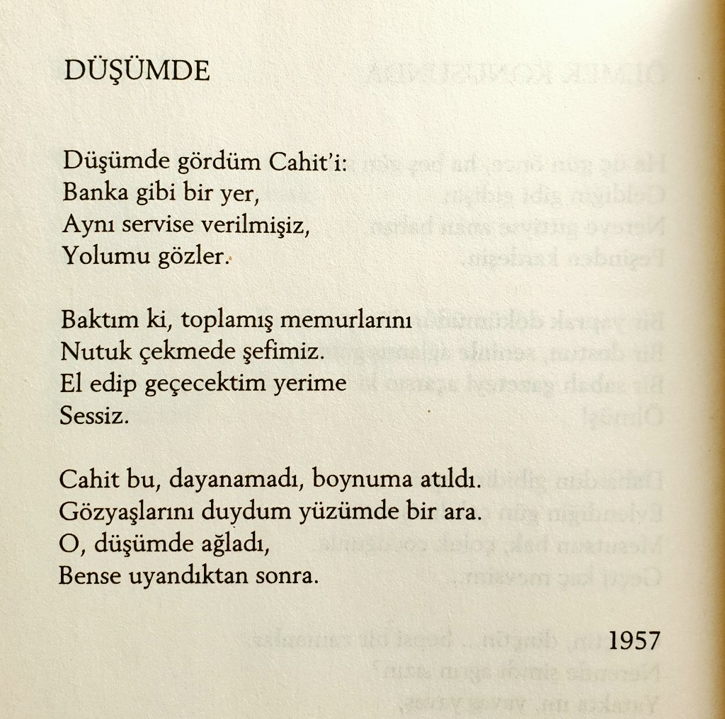 Ziya Osman Saba'nın son şiiri. Çok sevdiği dostu Cahit Sıtkı'nın ölümünden bir yıl sonra yazmış. Kendisi de bu şiiri kaleme aldıktan altı gün sonra, Cahit Sıtkı ile aynı yaşta (46) vefat etmiş.