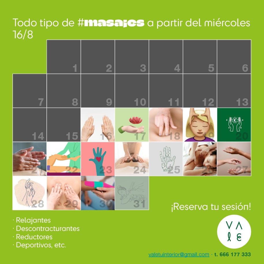 ALMAdeReiki's tweet photo. A partir del 16 de agosto, vuelven las sesiones de masajes: relajantes, descontracturantes, deportivos y reductores. ¡Reserva la tuya! https://t.co/hXrshZ9FiH