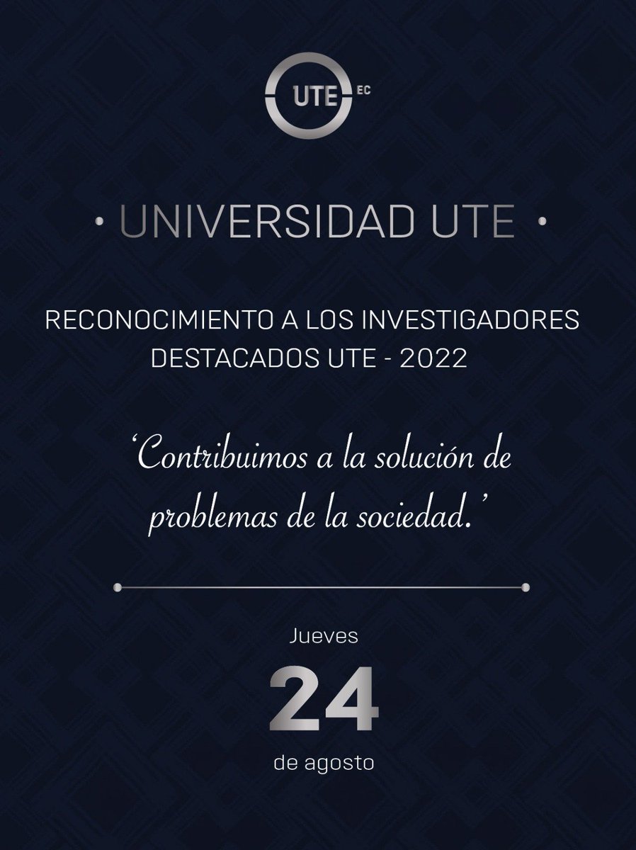 #UTEinforma I 👇𝗝𝘂𝗲𝘃𝗲𝘀👇
🏅Investigadores e investigadoras <a href="/UTEoficial/">Universidad UTE</a> recibirán un reconocimiento por su labor científica.
🥇Son 1⃣0⃣ categorías y➕de 8⃣0⃣ personas reconocidas.
📝Nota: bit.ly/3P4GZwc