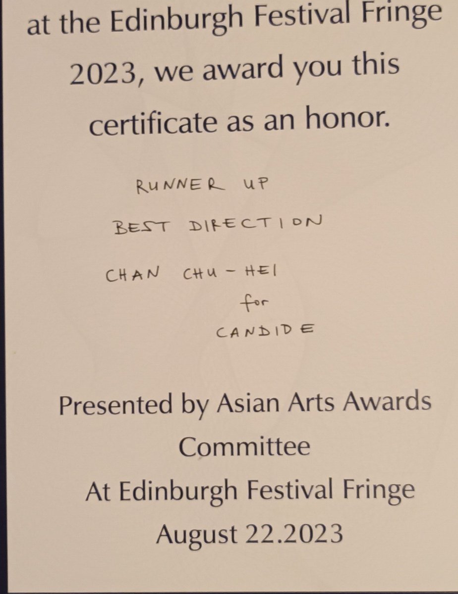 ImaCollab's tweet photo. What a pleasant surprise! Director Chan Chu-hei was awarded Runner Up in Best Direction by the Asian Arts Awards 2023 for his direction of CANDIDE! Congrats! Candide is playing at 18:50 until 26 Aug at theSpace @ Surgeons' Hall! A show not to be missed! https://t.co/n42o9o2y3c