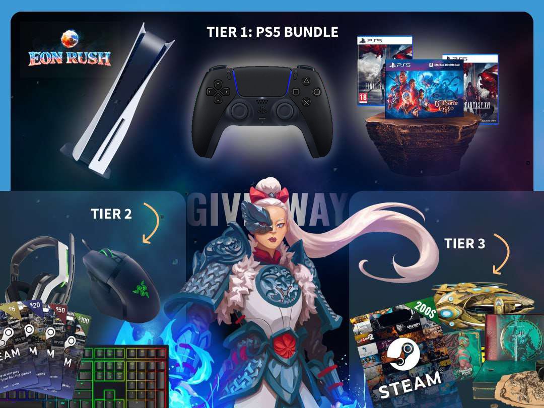 A giveaway echoes across space and time!

🎉 We’re celebrating our game announcement at #Gamescom2023 with an EPIC GIVEAWAY!

Retweet this tweet, follow us, and visit the link below to gain additional entries!

gleam.io/tu95s/eon-rush…

1️⃣ PS5 Bundle
2️⃣ Premium PC Gear
3️⃣ Eon