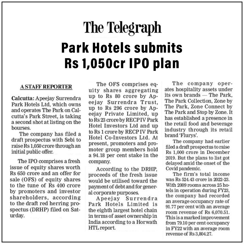 RajnishNs's tweet photo. Apeejay Surrendra Park Hotels has announced plans to submit an IPO worth Rs 1050 crore.Looking forward to the new Era of Growth.
Such a good news for all of us at The Park Hotels✨

#theparkhotels  #ApeejayGroup #hotel #growth #hospitality #hospitalityindustry https://t.co/GTFyXCTydA