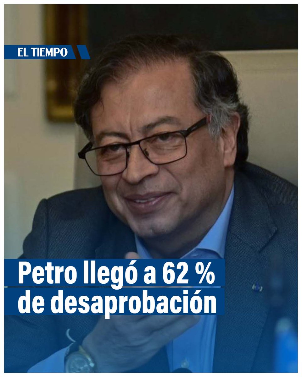 ELTIEMPO's tweet photo. 🔴 Desaprobación del presidente Gustavo Petro llegó a 62 %; aprobación está en 32 % ► https://t.co/lSKAOlabbg

Es la más alta desaprobación del jefe de Estado desde que llegó a la Presidencia, según Datexco. https://t.co/rF3Mqqde4C