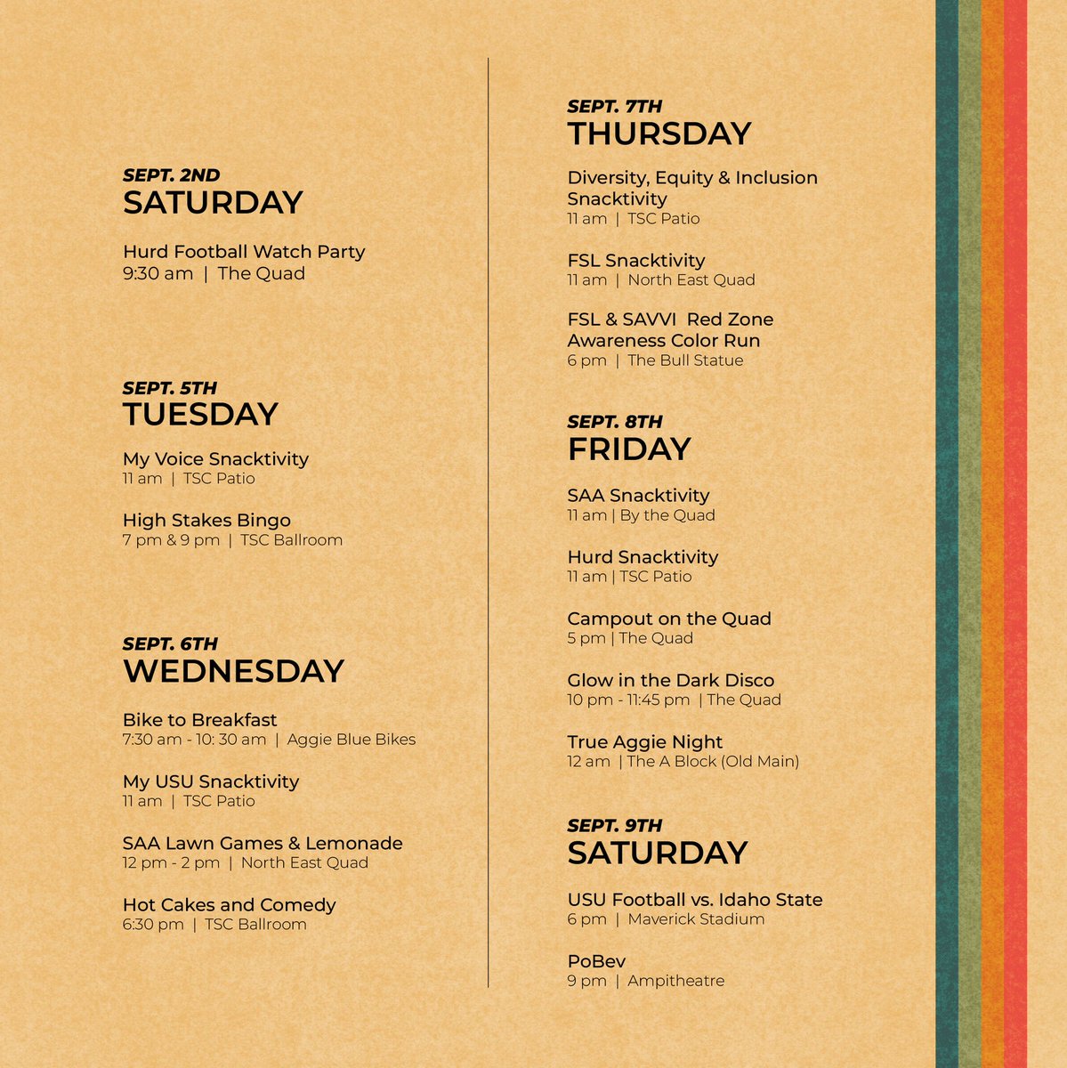 WELCOME BACK AGGIES!!! 

We are so excited to have you all back on campus! Weeks of Welcome is less than a week away and we CAN’T WAIT! 🎡🍪🎟️🎪

Swipe to see our full schedule!!!