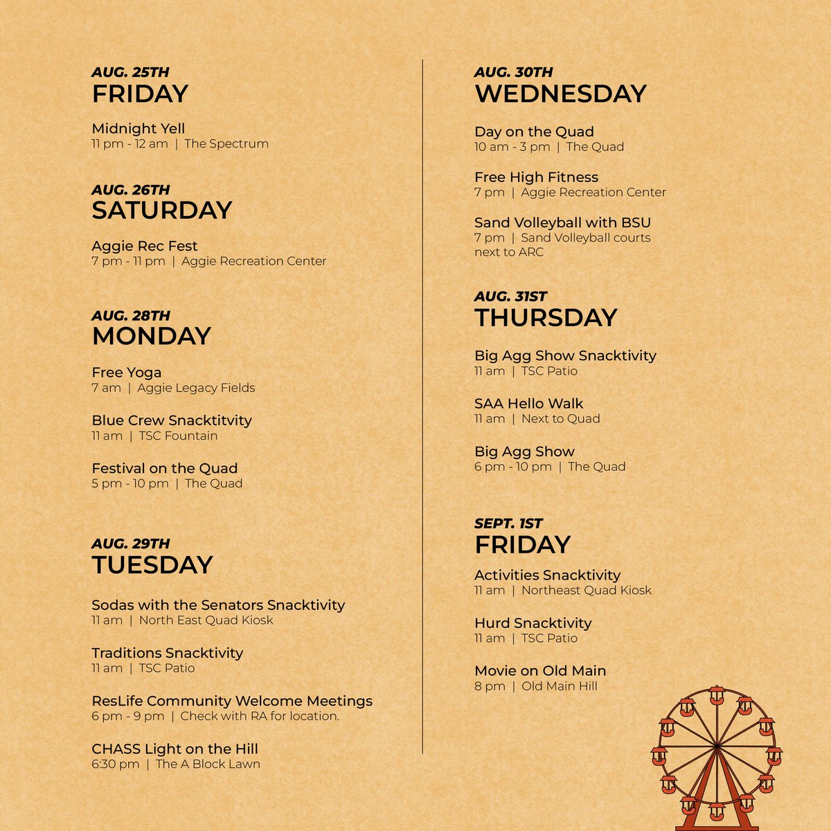 USUSAevents's tweet image. WELCOME BACK AGGIES!!! 

We are so excited to have you all back on campus! Weeks of Welcome is less than a week away and we CAN’T WAIT! 🎡🍪🎟️🎪

Swipe to see our full schedule!!!