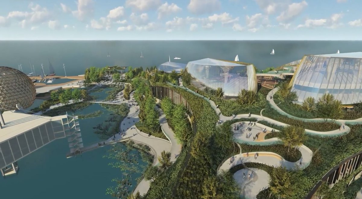 alexbozikovic's tweet photo. New push on Ontario Place today from @ThermeCanada. PR headline  is “more free park space.” But this space is privately managed, and some is on rooftops. That’s not a park.

It’s still a private attraction that destroys the entire existing island and has no place on this site https://t.co/9c3cvta8FS