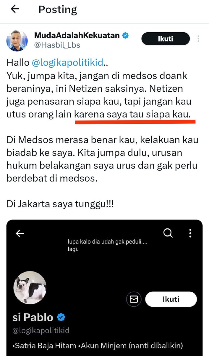 JasonB12225465's tweet photo. @Hasbil_Lbs @izonklee @logikapolitikid Logikanya, klu elu mang dah tau dia, elu samperin aja langsung.

Terus sekarang elu teriak² bilang si Pablo banci krn gak mau jumpa ama elu. 
Yang banci siapa, tong? 😂 https://t.co/9NXaaQNtAh