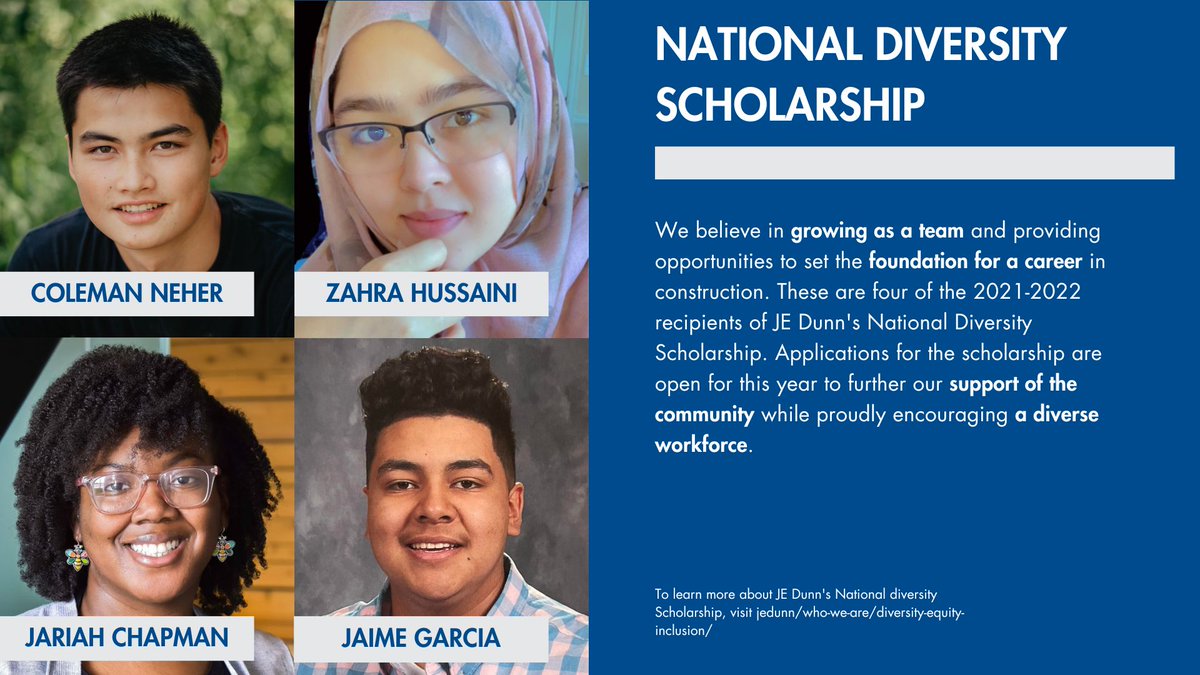 JEDunn's tweet photo. Check out our National Diversity Scholarship! We offer a monetary scholarship and an opportunity for internships at JE Dunn Construction. All applications must be submitted by 10/1. For more information, visit https://t.co/AIVA6fQo5w. #Education #JEDunn https://t.co/w92aBSBcRd