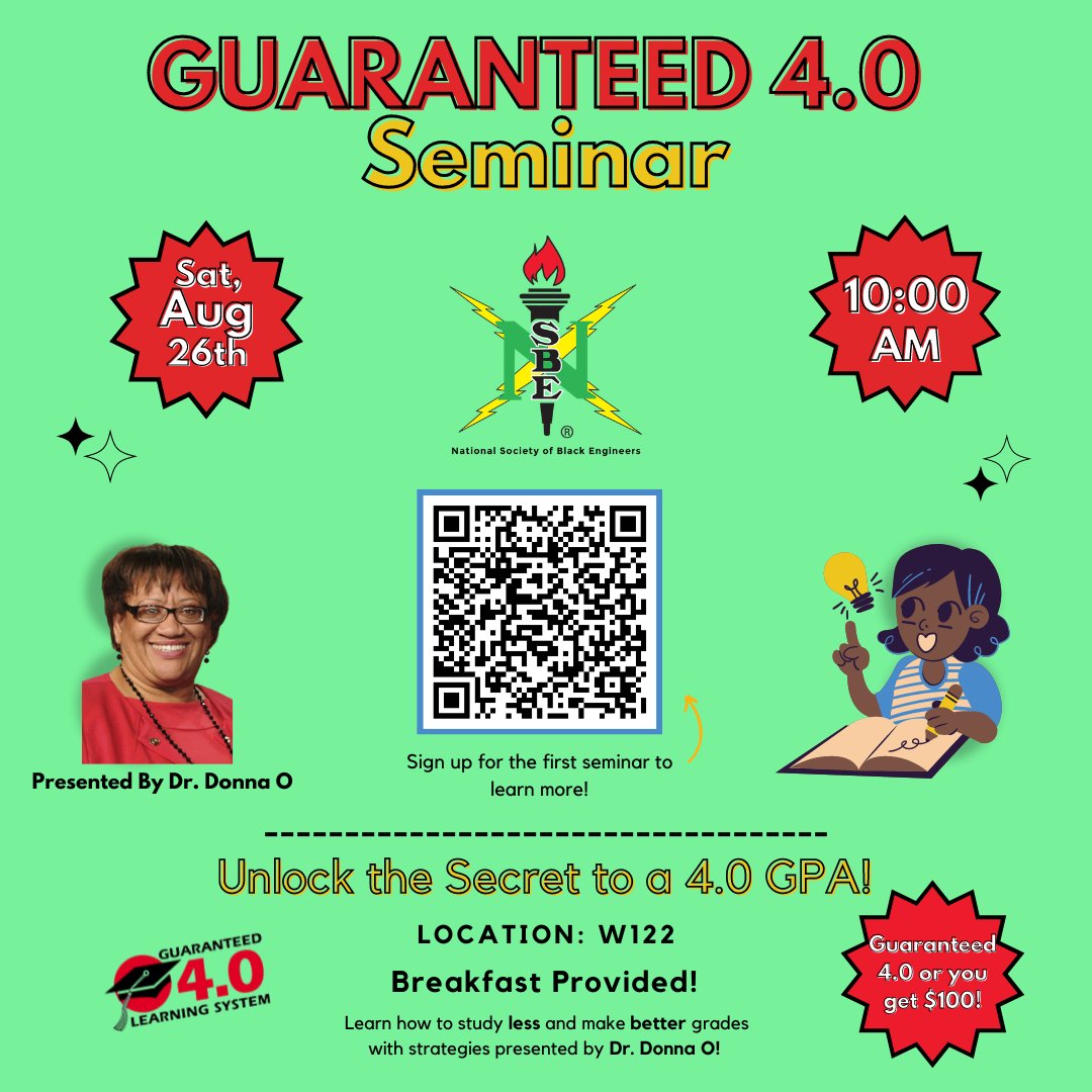 UH_NSBE's tweet photo. Do you want to be successful this semester and achieve a 4.0 GPA?
Then come out to the Guaranteed 4.0 Seminar!

Dr. Donna O offers a guaranteed 3-step method for achieving a 4.0 GPA. Attendees learn efficient studying, note-taking, and test strategies.

See you there!🫵🏾 https://t.co/40lhugAux6