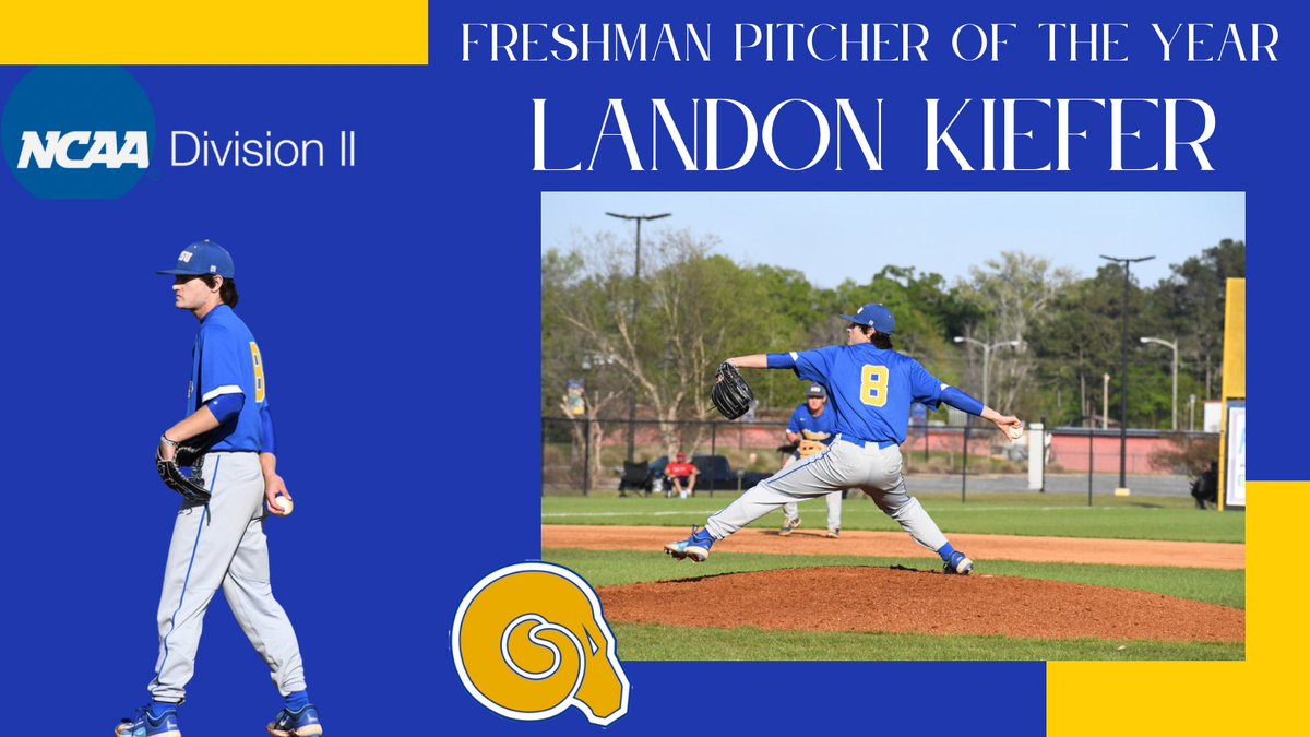 🏆FRESHMAN PITCHER OF THE YEAR

RHP Landon Kiefer ⚾️

-9 wins 
-3 Complete Games 
-2.6 ERA 
-74.1 IP
-76 SO
-.192 B/AVG

Well done, congratulations‼️

<a href="/NCAADII/">NCAA Division II</a> 

Full article:
ncaa.com/news/baseball/…

#RamsUp🔵🟡  #RAMily🐏🔥