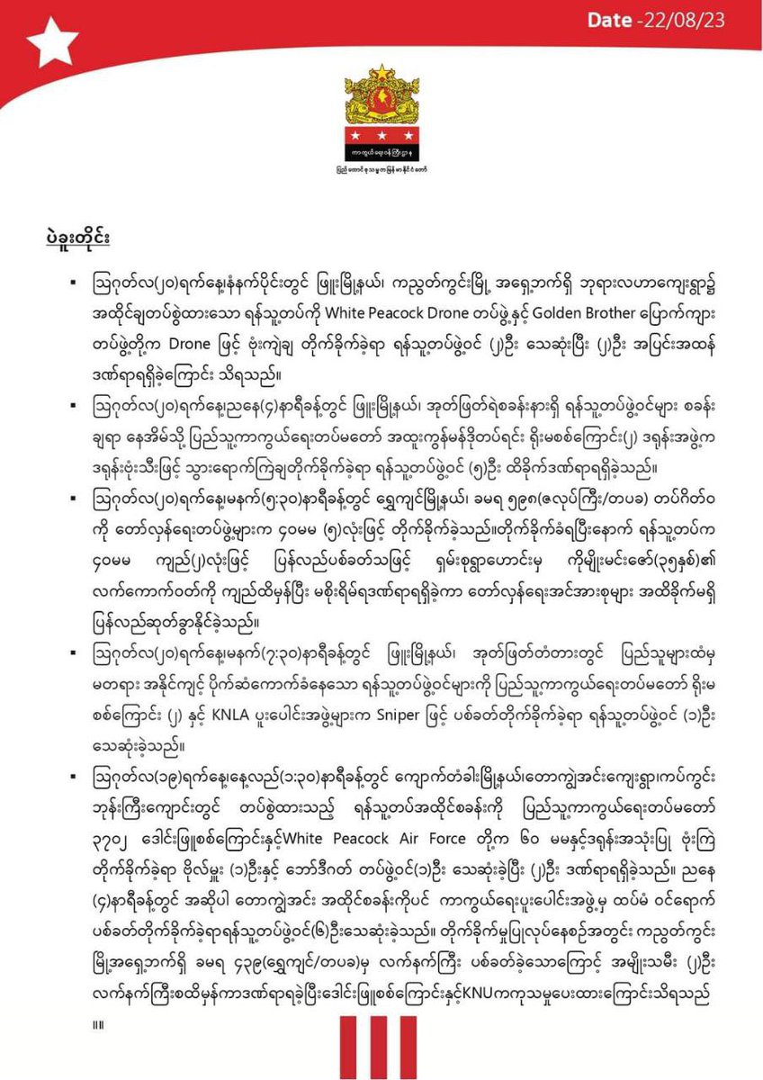 MyanmarSpring21's tweet photo. Daily military summary news published by @NUGMyanmar government on 2023 August 22.  #2023Aug22Coup #WhatsHappeningInMyanmar https://t.co/ECalLjAXMO