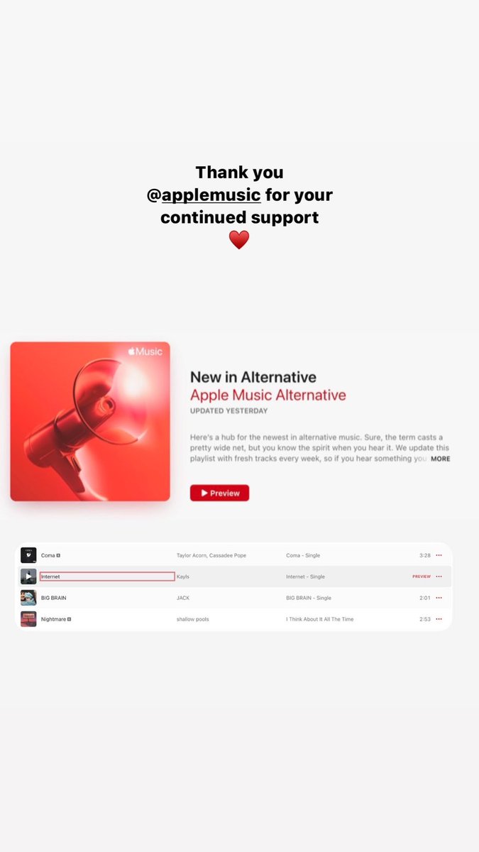 Thank you <a href="/AppleMusic/">Apple Music</a> for adding “Internet” to your New in Alternative playlist ♥️