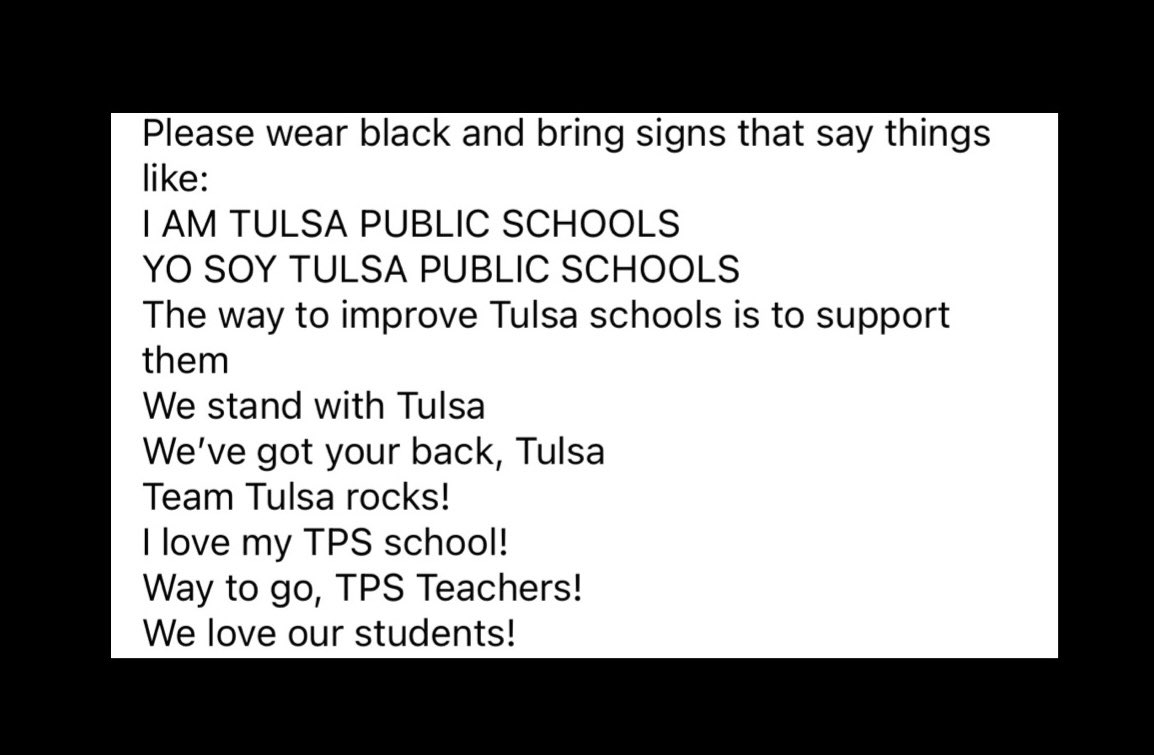 tulsacta's tweet photo. Let’s Rally around our Tulsa Community. We would love to show our TPS Family that we stand in solidarity with them by showing up at the schools listed below at 8am on Thursday, August 24th to cheer and support students and staff as they enter school. #StandWithTulsa #StopTheChaos https://t.co/SyFGQMqAfa