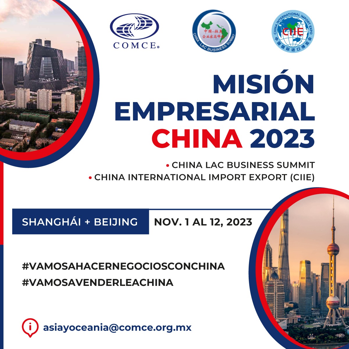 ComceOficial's tweet photo. #VamosAVenderleAChina! Te invitamos a ser parte de la delegación oficial mexicana que participará en la Misión Empresarial China 2023, en el marco de #CIIE y #ChinaLAC 🇨🇳🇲🇽
🗓️ Del 31 de octubre al 12 de noviembre
📩 asiayoceania@comce.org.mx
#VamosAHacerNegociosConChina https://t.co/pmAjCLJXuO