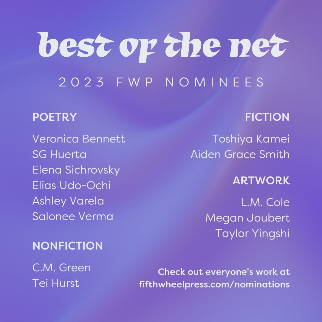fifthwheelpress's tweet image. BIG DAY! announcing our @SundressPub best of the net nominees: @vabnt, SG Huerta, @ESichr, @eliasudoochi, @ashleyvarela_, Salonee Verma, C.M. Green, @teihurst, Toshiya Kamei, @_ClarkamyL_, @_scoops__, Megan Joubert, and @yingshiart!