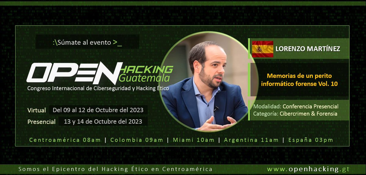 jrleonett's tweet photo. ¿Estás listo para el Open Hacking Guatemala 2023?  
:\>_Fecha Presencial: Viernes 13y 14 de Octubre. :\>_Fecha Virtual: Del 09 al 12 de Octubre. 
:\>_Lugar: Hotel Westin Camino Real, Zona 10  
¡Inscríbete aquí! https://t.co/tNFotgpfys 
#OPENHACKING @lawwait https://t.co/dBHs2TdDpk