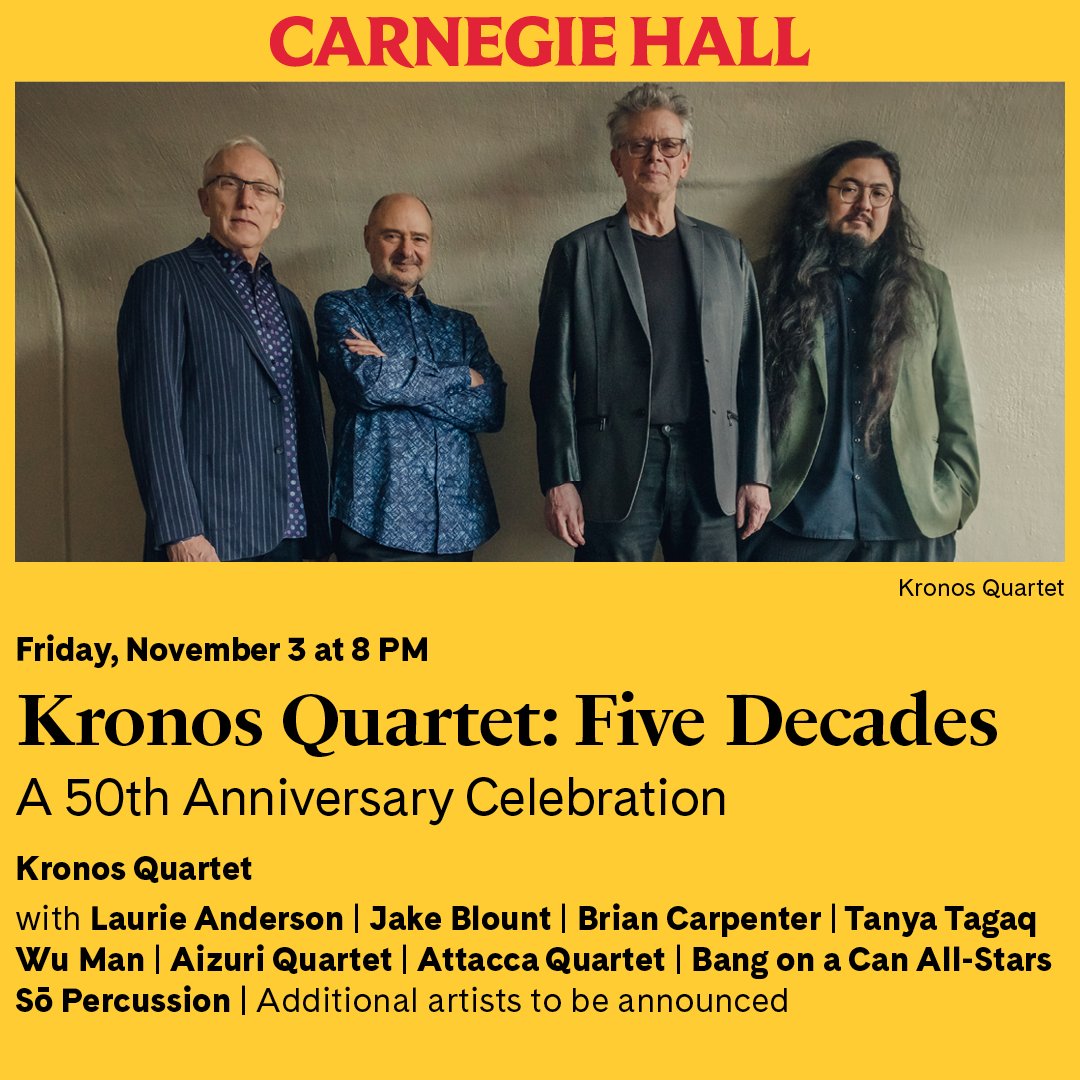 Single tickets are now on sale! Join us on November 3rd for a once-in-a-lifetime 50th anniversary celebration at @carnegiehall.  

 #newyork #carnegiehall #kronosquartet #kronos50th #kronosfivedecades