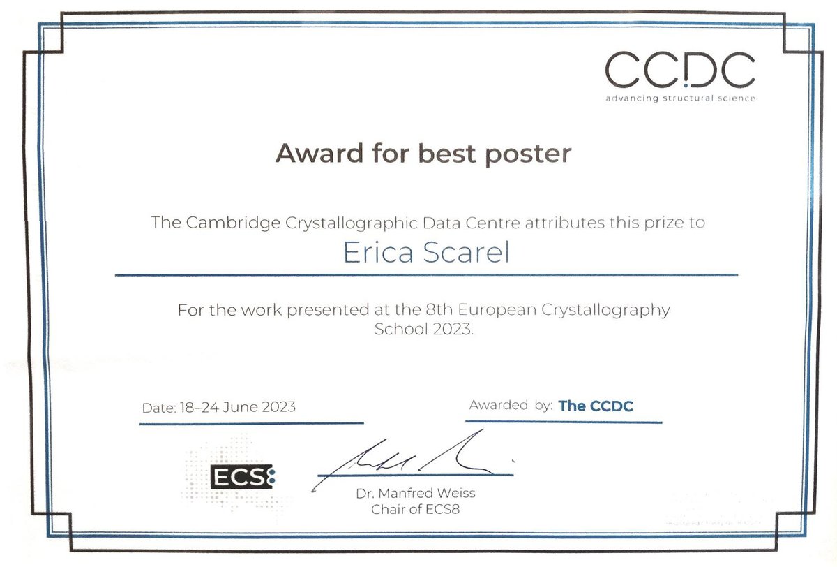 #Proudsupervisor of #EricaScarel #PhDstudent <a href="/DSCF_UniTS/">Chemical & Pharmaceutical Sciences at UniTS</a> <a href="/UniTrieste/">Università di Trieste</a> who just got this certificate by #CCDC 😍 4 #bestposter prize #ECS8, THX 2 #GiovanniPierri #ConsigliaTedesco <a href="/UniSalerno/">Università Salerno</a> #MaurizioPolentarutti <a href="/elettrasincro/">Elettra Sincrotrone Trieste</a> #XRD #peptides #selfassembly #gels #crystal <a href="/HZBde/">Helmholtz-Zentrum Berlin</a>