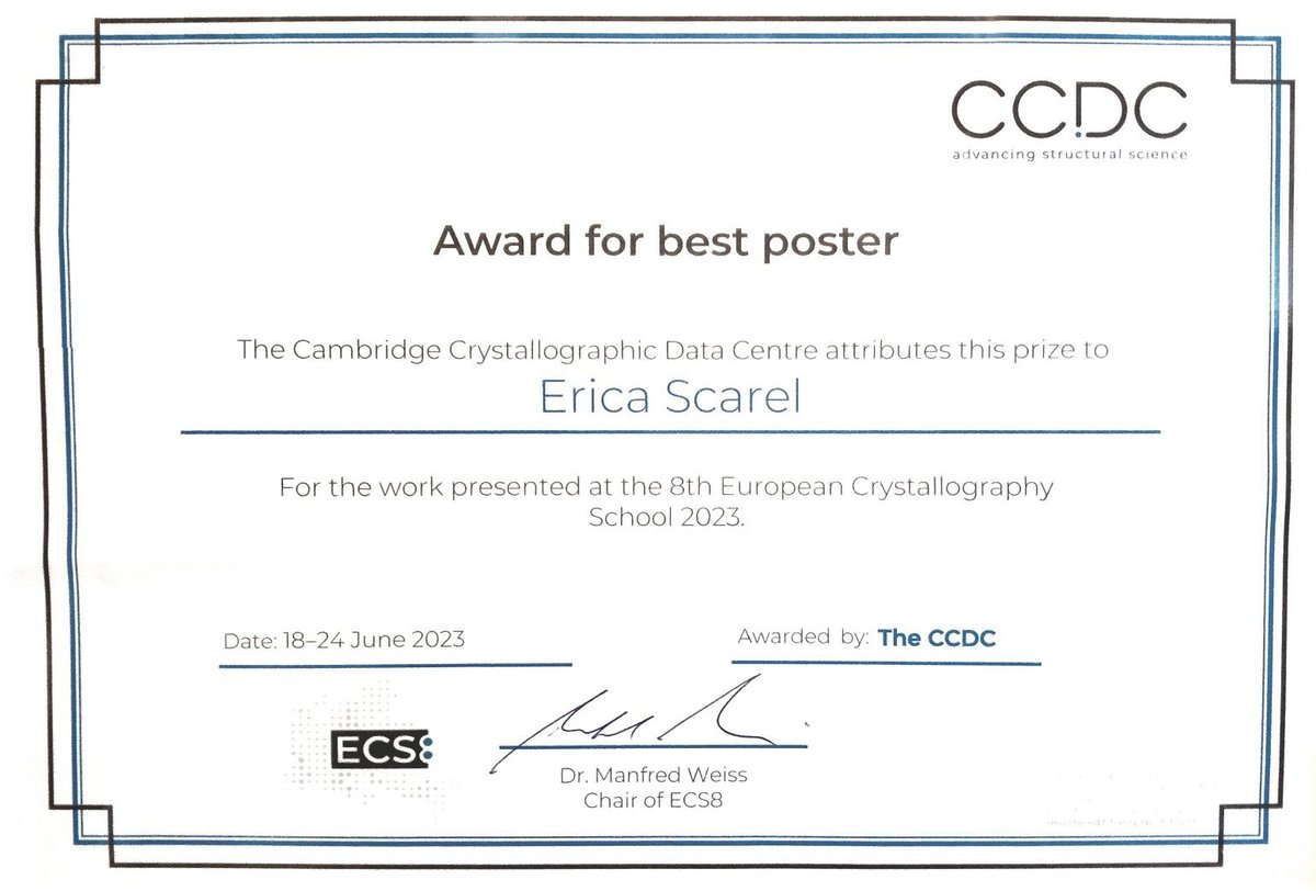 #Proudsupervisor of #EricaScarel #PhDstudent @DSCF_UniTS @UniTrieste who just got this certificate by #CCDC 😍 4 #bestposter prize #ECS8, THX 2 #GiovanniPierri #ConsigliaTedesco @UniSalerno #MaurizioPolentarutti @elettrasincro #XRD #peptides #selfassembly #gels #crystal @HZBde