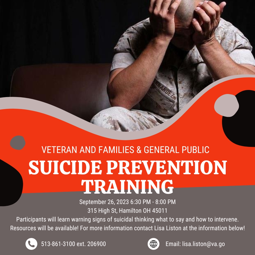 BcVsc's tweet photo. Registration for Suicide Prevention Training is still available! This training could save a life and benefits all! Sign up now: https://t.co/bnrKHUQ3tO #bcvets #veterans #butlercountyohio #hamiltonohio #fairfieldohio #westchesterohio #libertytownshipohio #monroeohio #oxfordohio https://t.co/Eh5AVfXFJ1