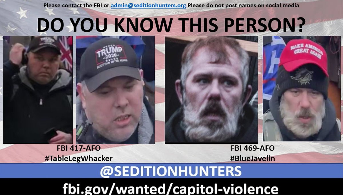 SeditionHunters's tweet photo. #DoYouKnow these men?? They traveled together on #Jan6 Please and are suspected of committing violent assaults at the tunnel #Justice4J6 contact the FBI with 417-AFO and 469-AFO https://t.co/CacVxYJIL1 or contact us at admin@seditionhunters.org #TableLegWhacker #BlueJavelin https://t.co/H4W6OX2xZZ