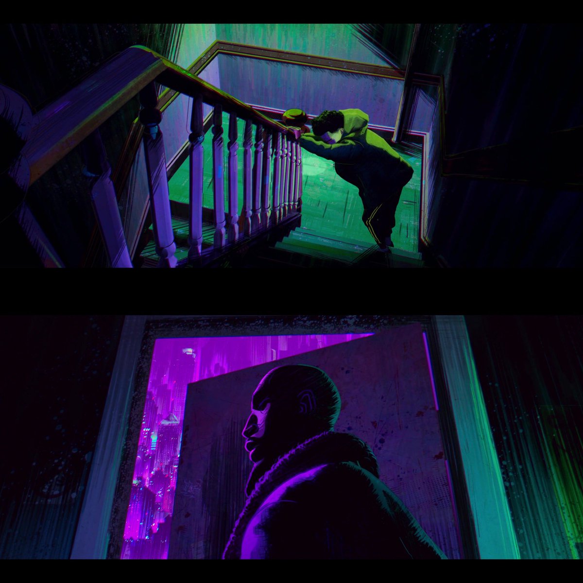 mlasker's tweet photo. Earth 42 is dark, with criminality rampant. It’s look has a noir aesthetic where colors recede into blocked up shadows and the inking style is heavy and gritty, obliterating light. #AcrossTheSpiderVerse #SpiderManAcrossTheSpiderVerse #SpiderMan #SpiderVerse https://t.co/CVcr8RqVgd