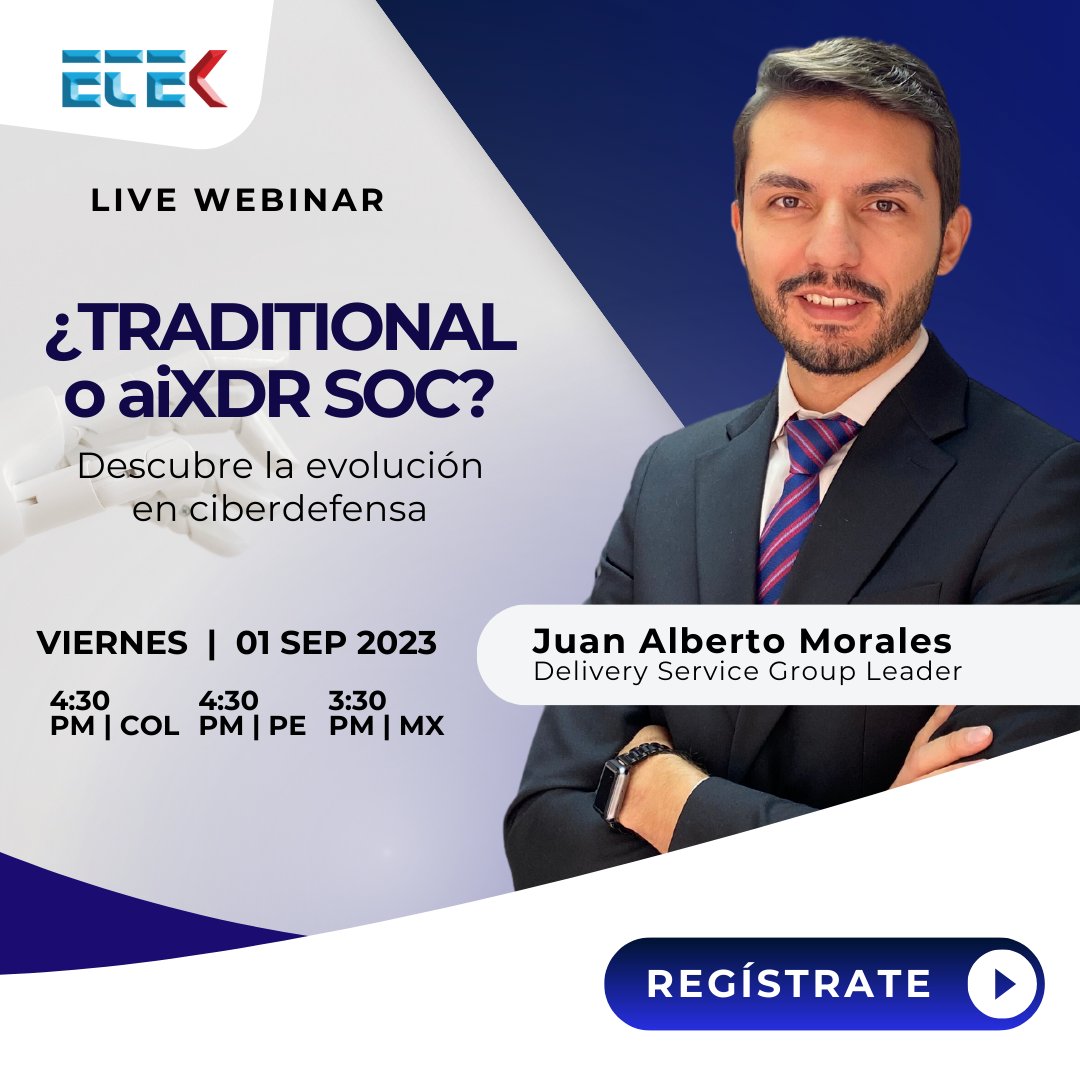 ¿Ya te inscribiste a nuestro webinar sobre TRADITIONAL SOC vs aiXDR SOC?

Únete en esta importante conversación y descubre cómo la #IA está marcando la diferencia en la defensa cibernética.  Regístrate en el siguiente enlace👉 bit.ly/45Ck7tt