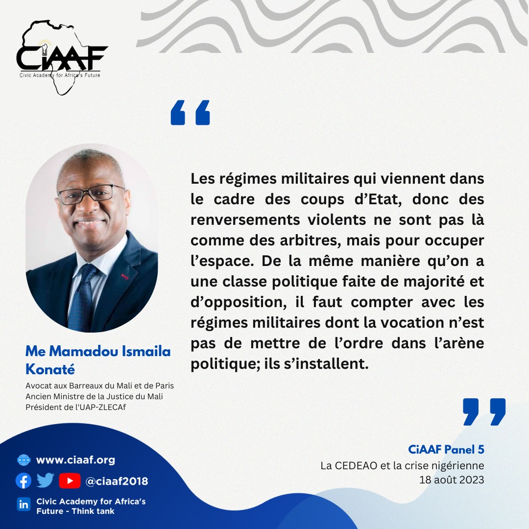 Ciaaf2018's tweet photo. #CiAAFPanel 5 extrait de l'intervention de Me @vieuxmko.
" Les régimes militaires qui viennent dans le cadre des coups d’Etat, donc des renversements violents ne sont pas là comme des arbitres mais pour occuper l’espace..."
#wasexo https://t.co/0uCccvJyEd