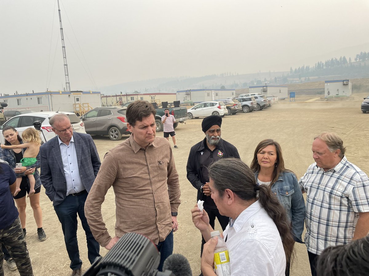 Skwla̓x te Secwe̓pemcu̓lecw (Little Shuswap Lake Band) Chief James Tomma tells B.C. Premier David Eby at a Kamloops-area evacuation centre about the properties lost in his community from the Lower Adam’s East wildfire.
