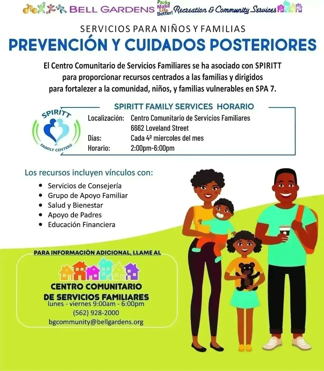 bellgardenscity's tweet photo. TOMORROW (8/23) SPIRITT FAMILY SERVICES OFFICE HOURS
Location: Community Family Service Center - 6662 Loveland St
Days: Every 4th Wednesday of each month
Time: 2pm-6pm
https://t.co/Wu2lhkeotg
@bgrecreation @SPIRITTFamily
#BellGardens #BG #CityOfBellGardens #SPIRITT #BGRec https://t.co/GMZTcwcfE2