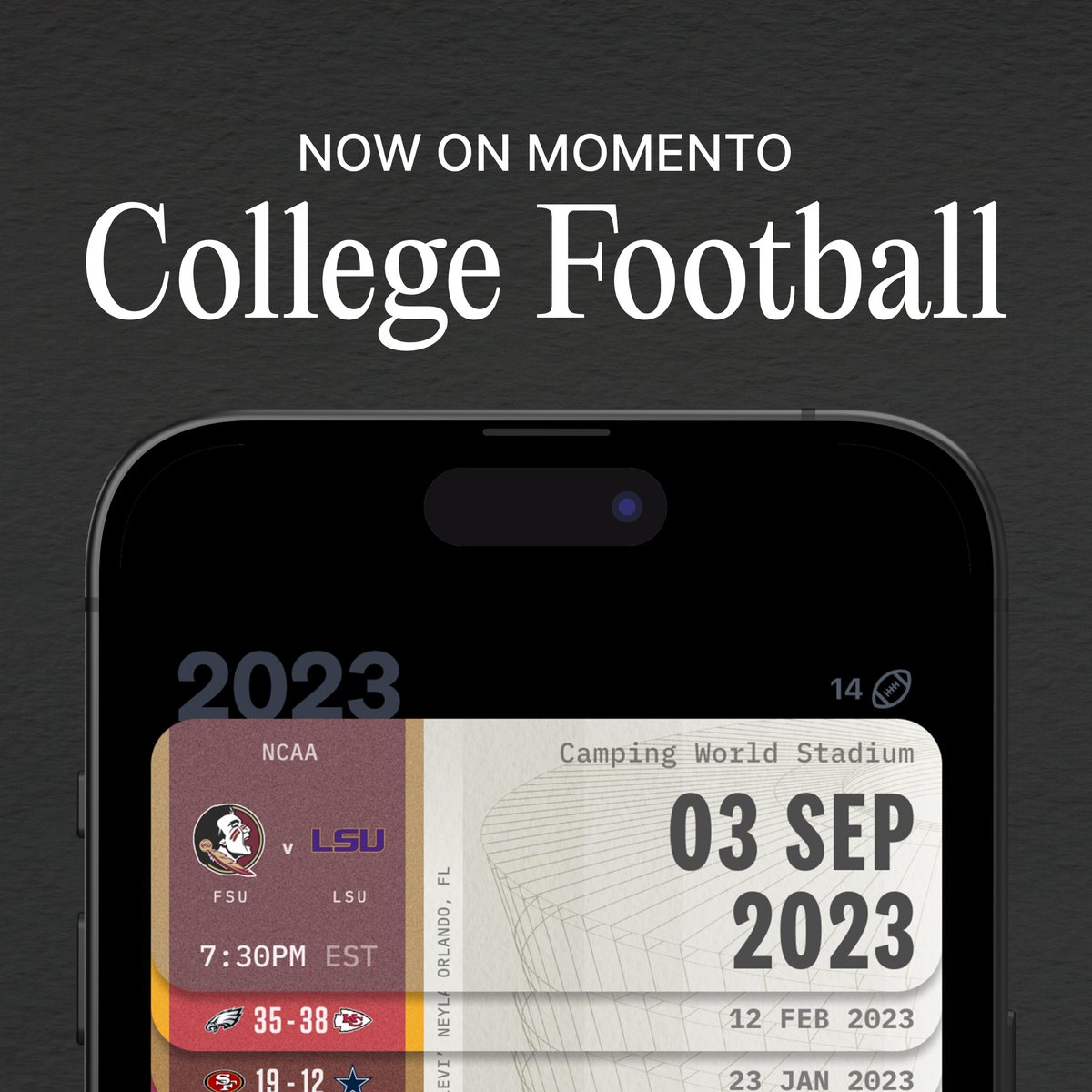 brennanjp's tweet photo. College Football is now LIVE on @ACMomento! 🎓🏈

If you're a CFB fan, the Momento app is the best way to track all of the games you've been to, so if you're not on the app yet use code GAMEDAY to skip the waitlist.

This is just the start of our push into college sports... 🚀 https://t.co/mysxvhjHWL