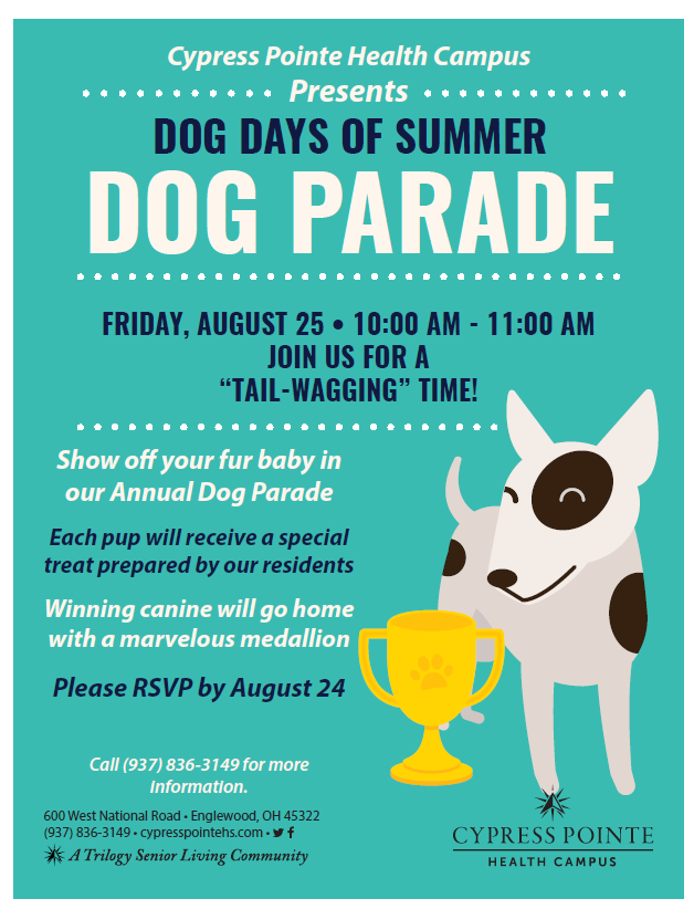 Bring your sweet pooch over to our Dog Parade this Friday from 10am-11am 🐶 
Each pup will receive a homemade dog biscuit and residents will be judging on their FAVORITE for "best in show" 🎖️ 
Please call 937-836-3149 to RSVP
