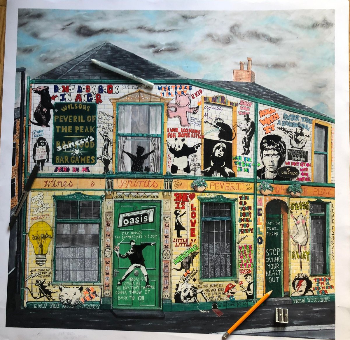 JanetHalmshaw's tweet photo. 'Oasis meet Banksy at the Pev' painting by Paul Halmshaw. Combining Banksy art with Oasis tunes at The Peveril of the Peak pub in Manchester. #manchester #oass #banksy #liamgallagher #noelgallagher #art #wallart #artforsale #graffiti #streetart #90s #90smusic https://t.co/M3SEzXmwov