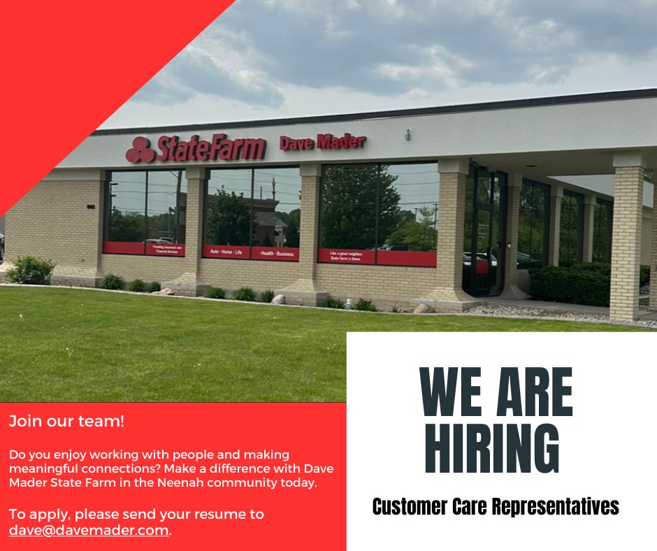 We Are Hiring!
#foxvalleyjobs #neenahwisconsin #appletonwisconsin #menashawi #oshkoshwisconsin #insurancejobs #statefarm #DaveMaderStateFarm