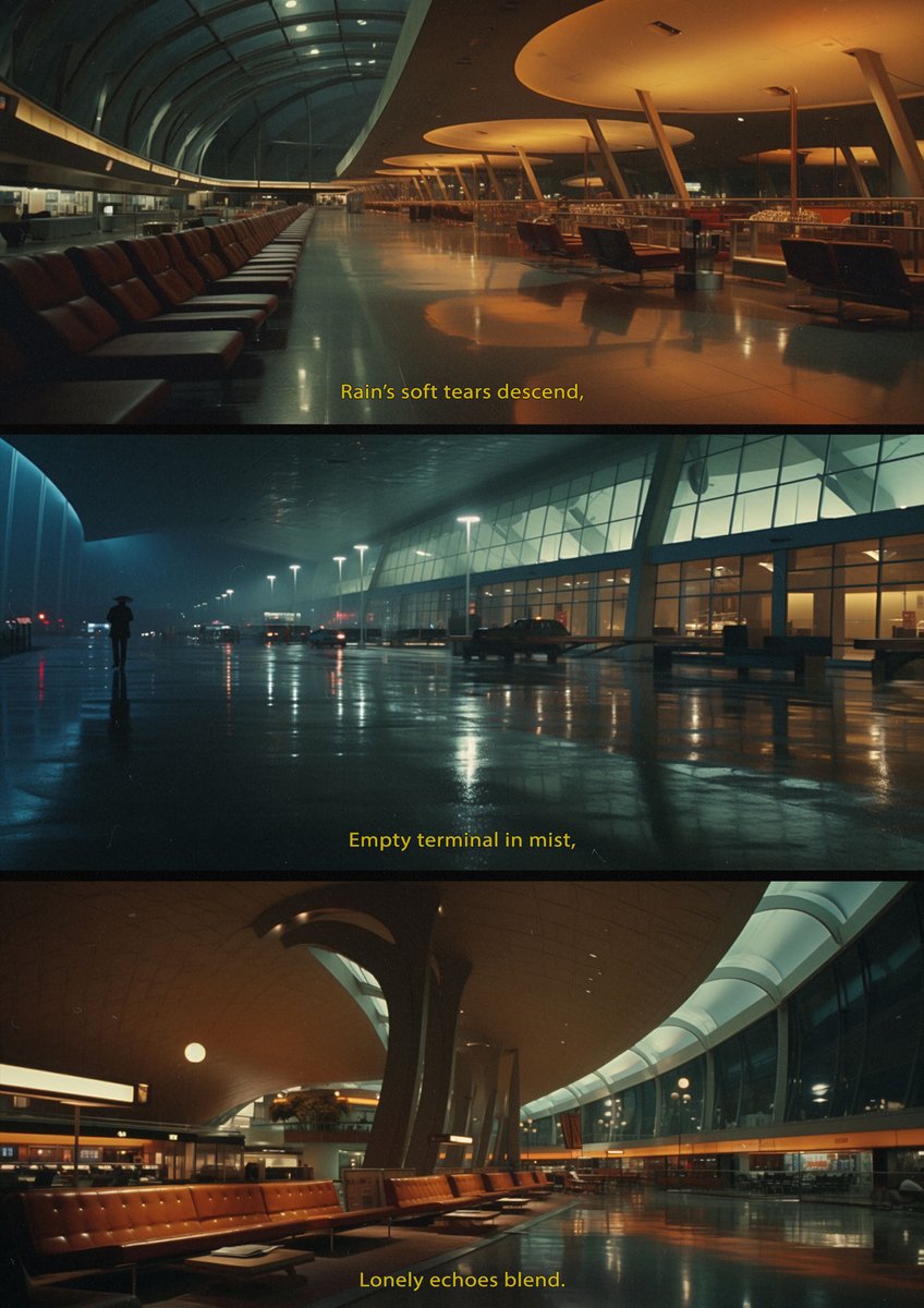jeremyjsomers's tweet photo. If you've ever been the first or last at an airport terminal - this might resonate.
A quick creative workflow: A Haiku, Midjourney, Photoshop, Lightroom, Captions. #notcontent https://t.co/0U0Kh9gdct