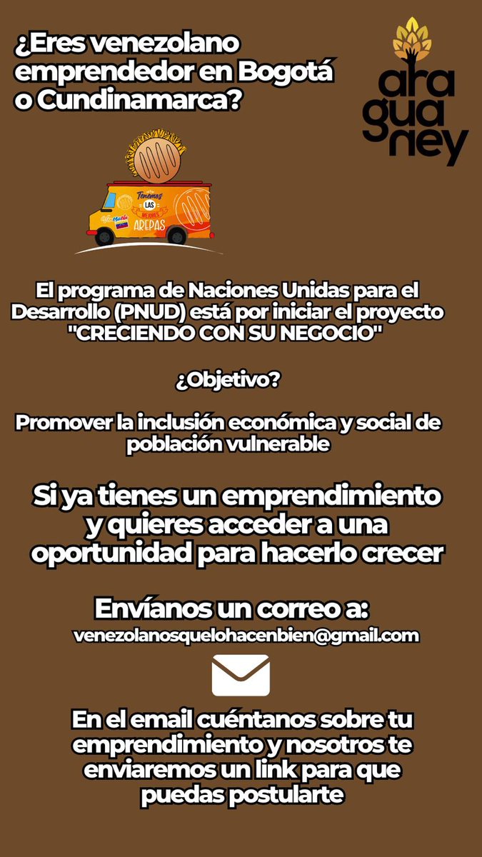 Si eres un #VenezolanoEnColombia y tienes un emprendimiento en Bogotá o Cundinamarca el PNUD tiene un programa de financiamiento para ti. 

Te dejamos toda la información en esta imagen ⬇️💪🏽🇻🇪

Desde la @ruta_araguaney seguimos apoyando a nuestros migrantes 🌳🇻🇪