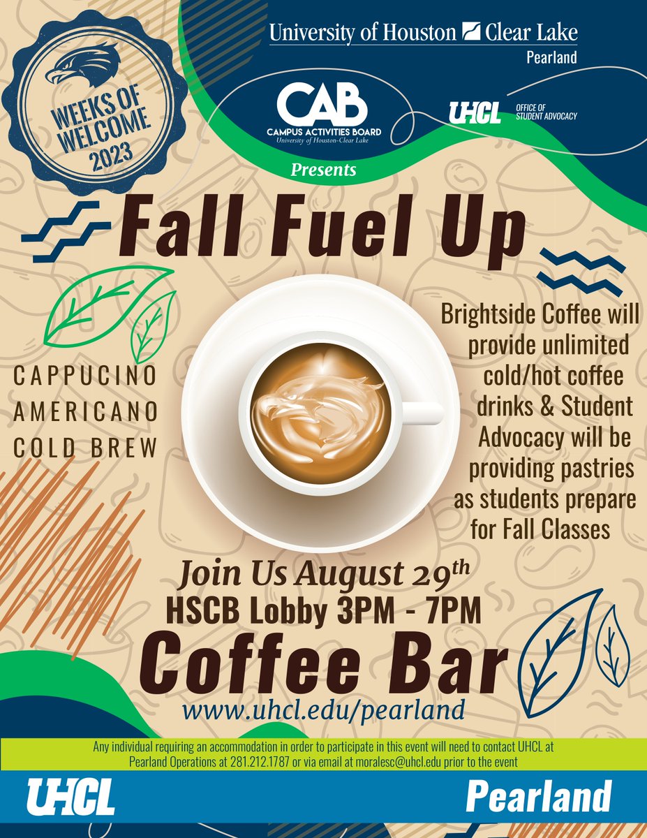 🎉UHCL students, staff & faculty, join us at UHCL Pearland on Aug 29, 3 pm-7 pm, for the 'Fall Fuel Up' Coffee Bar Event! Enjoy free hot/cold coffee drinks, pastries & more to kickstart the semester. Don't miss out!☕️🍩 #UHCLPearland #UHCLWeeksOfWelcome #UHCLCampusActivitiesBoard