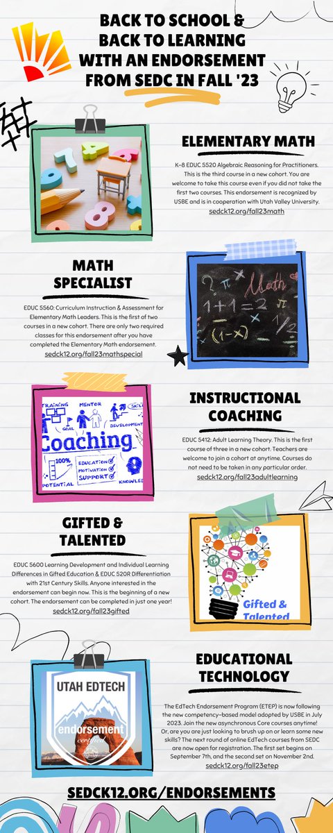 Back to School &amp; Back to Professional Learning! Take at look at our endorsement areas below, or learn more and sign up at: sedck12.org/endorsements 
#ruralschools #uted