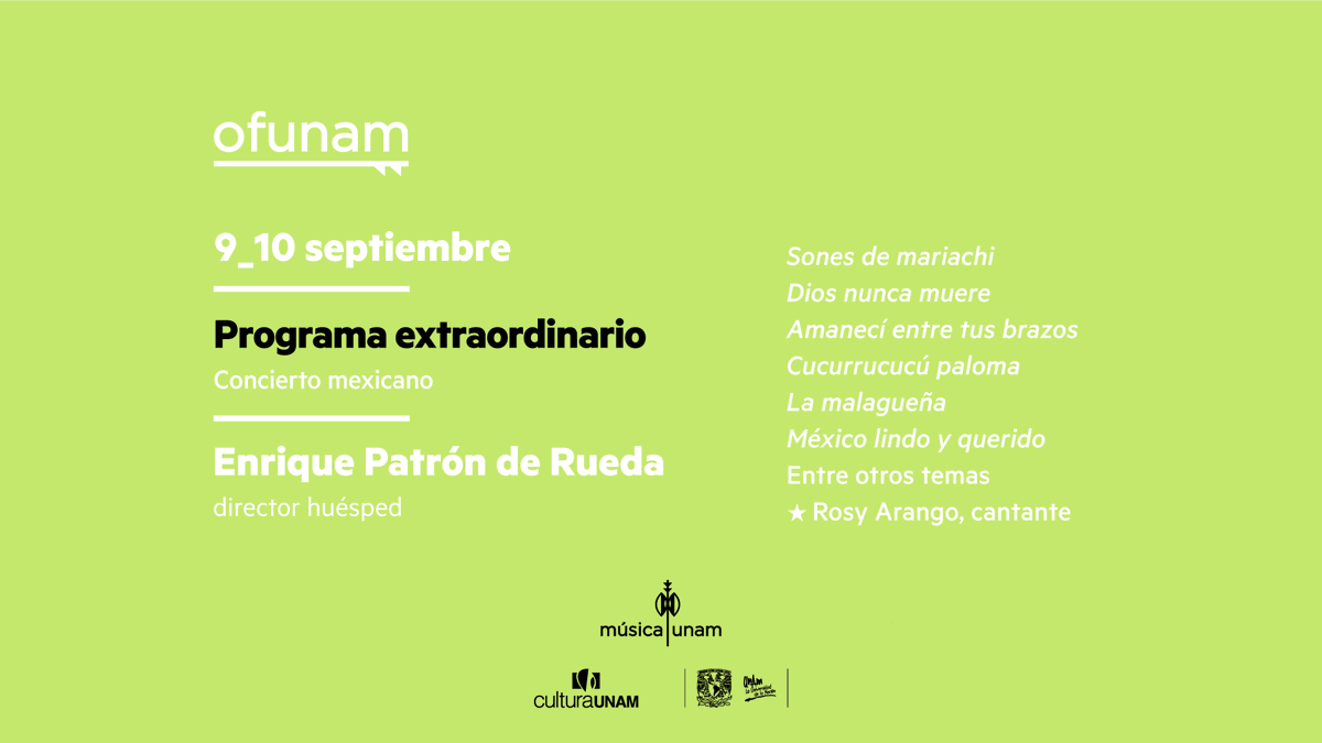 ¡Ya comenzó la venta del Concierto mexicano de la <a href="/OFUNAM/">OFUNAM</a> y Rosy Arango (<a href="/ROSYARANGO/">ROSY ARANGO</a>)!

9 y 10 de septiembre | Sala Nezahualcóyotl
Adquiere boletos:
• Taquilla de la Sala Nezahualcóyotl. Horarios: musica.unam.mx/uploads/files/…
• En línea aquí: boletoscultura.unam.mx/eventperforman…
#MúsicaUNAM