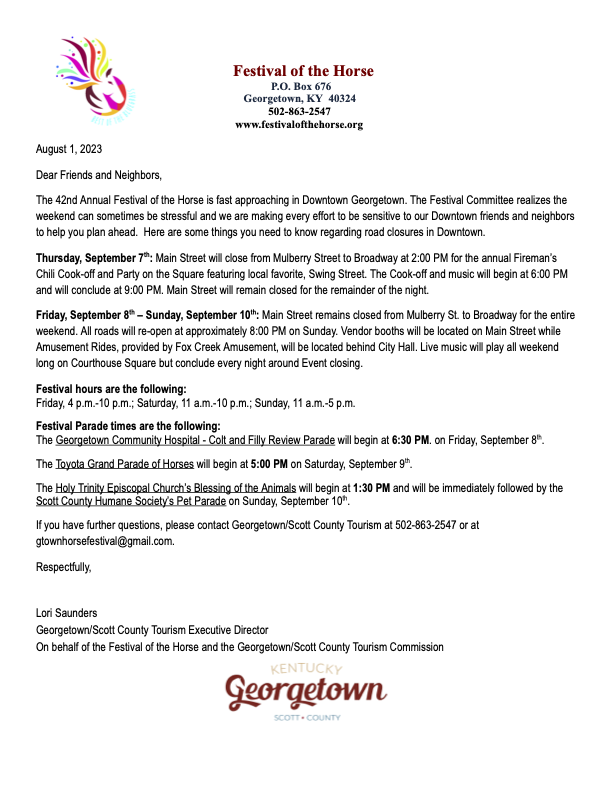 Important information for Georgetown locals regarding street closures for the Festival of The Horse 2023.