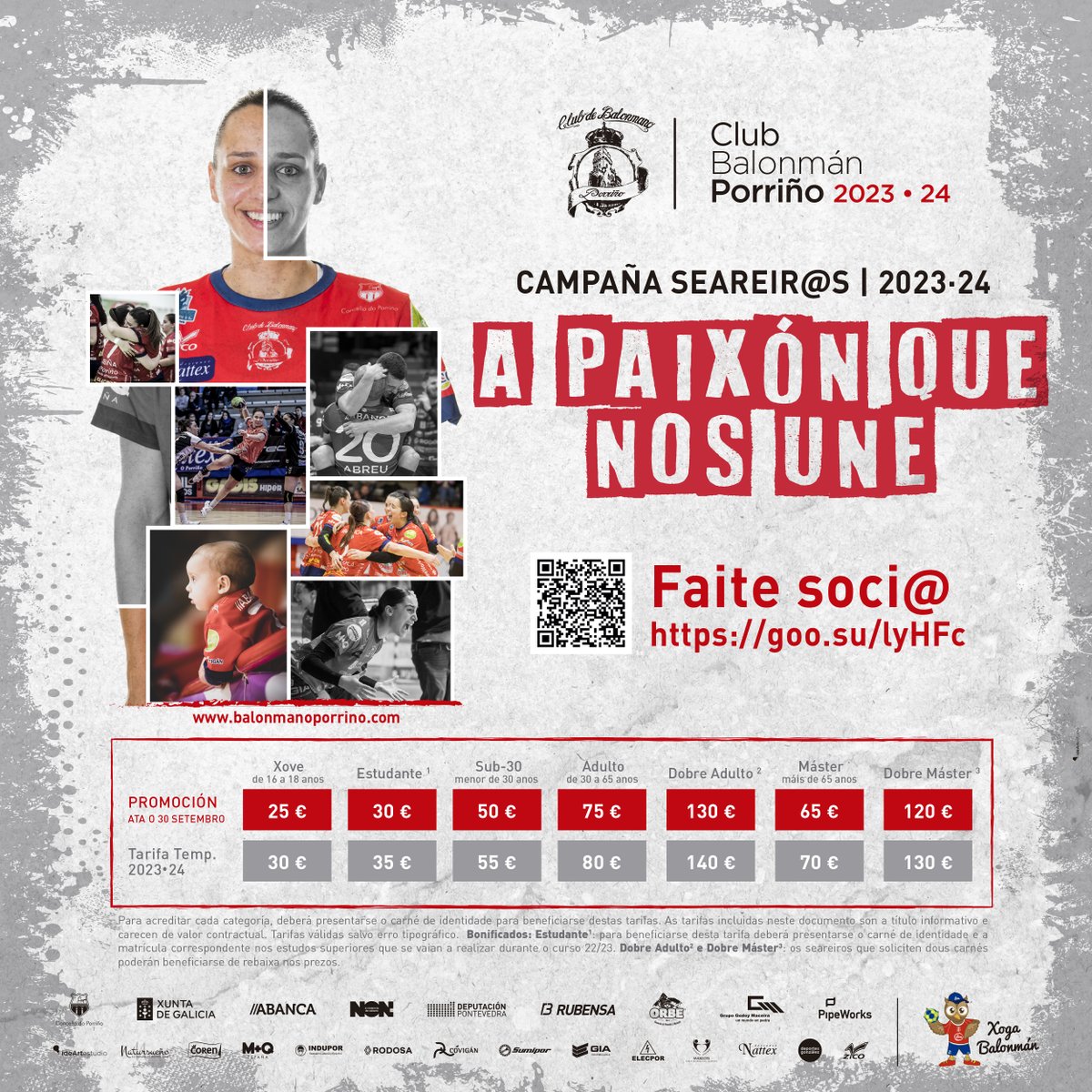 CAMPAÑA SEAREIR@S 2023/2024‼️

#Apaixonquenosune é unha das nosas características, por iso queremos que formedes parte desta campaña tan ilusionante🔜

🔴Ata o 30 de setembro podes facerte socio do Club Balonmán Porriño a través das nosas promocións

Esperamoste no pavillón 🤾‍♀️🤾‍♂️
