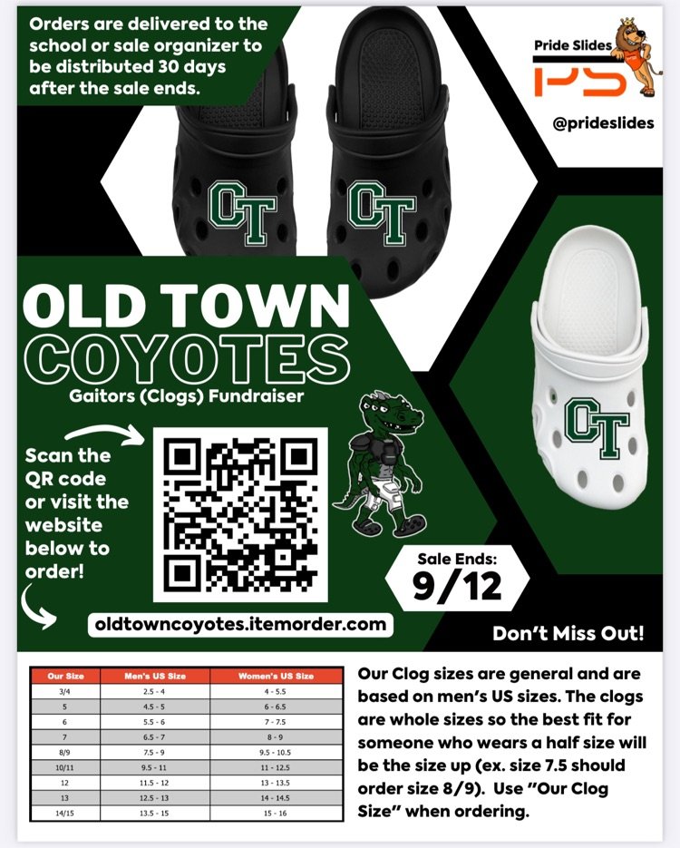 After many request and interest - We are offering an opportunity to get your custom OT Clogs with Pride Slides! Order from the site - orders close in 2-weeks - shipped to the High School! 
Use the link or scan the QR code! 

oldtowncoyotes.itemorder.com