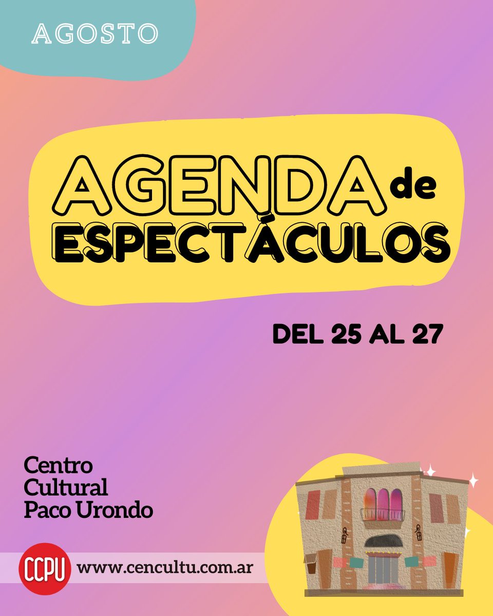 𝗔𝗴𝗲𝗻𝗱𝗮 𝗱𝗲 𝗲𝘀𝗽𝗲𝗰𝘁á𝗰𝘂𝗹𝗼𝘀 𝗱𝗲𝗹 𝟮𝟱 𝗮𝗹 𝟮𝟳 𝗱𝗲 𝗮𝗴𝗼𝘀𝘁𝗼 en el Centro Cultural Francisco “Paco” Urondo

instagram.com/p/CwQx-pfukEr/…