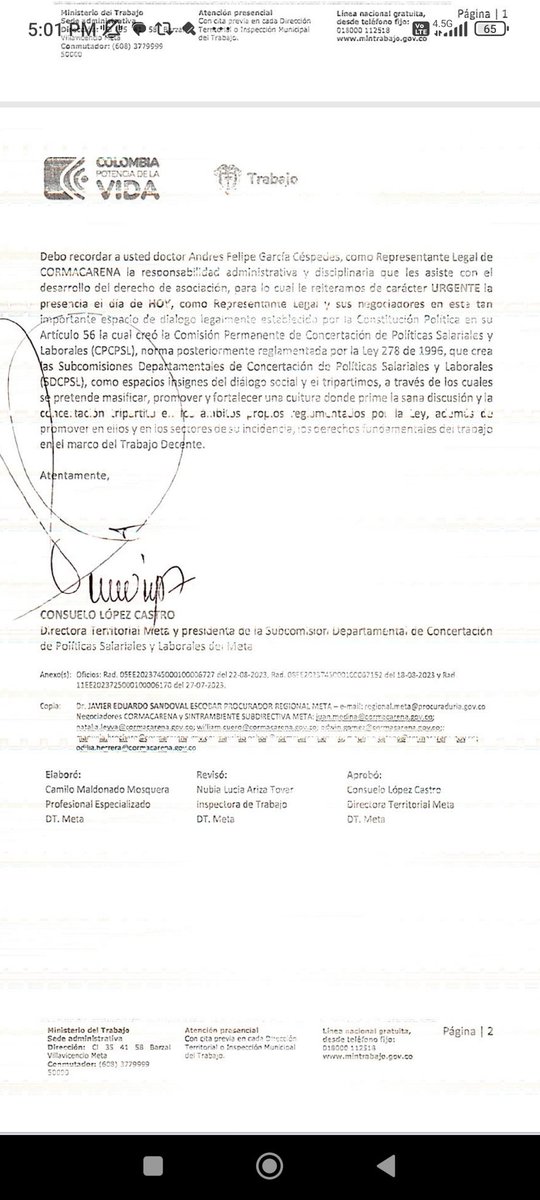 La Dra Consuelo López Castro Directora Territorial de <a href="/MintrabajoCol/">MinTrabajo</a> #Meta recordo al director de <a href="/CORMACARENA/">Cormacarena</a> la responsabilidad que le asiste con el desarrollo del derecho de asociación esto con ocasión a la inasistencia a la reunión con la Comisión de Concertación.
👇