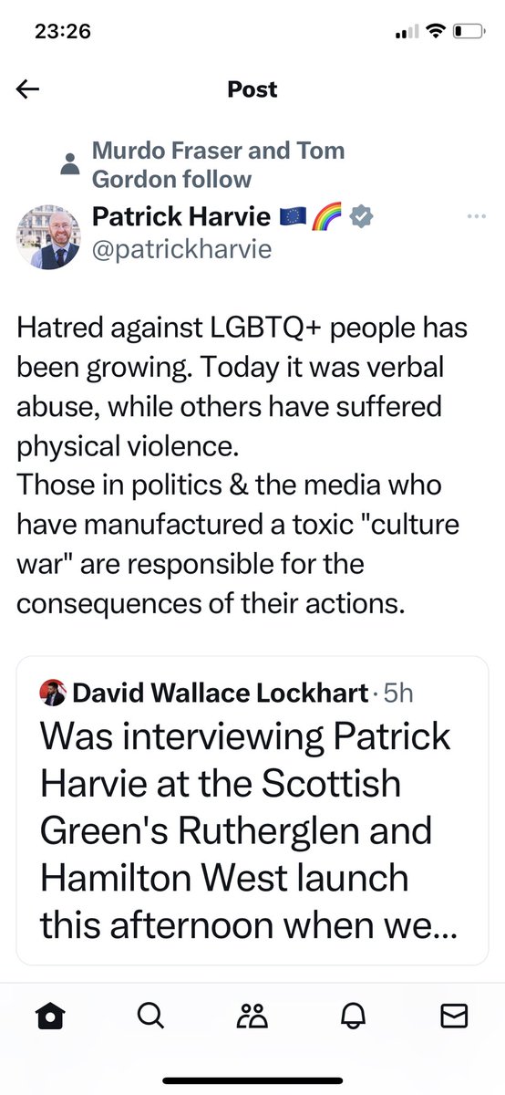 Patrick Harvie is one of the most divisive politicians Scot has ever had and openly stirs division and conflict this is as much on him as anyone else. Start setting an example