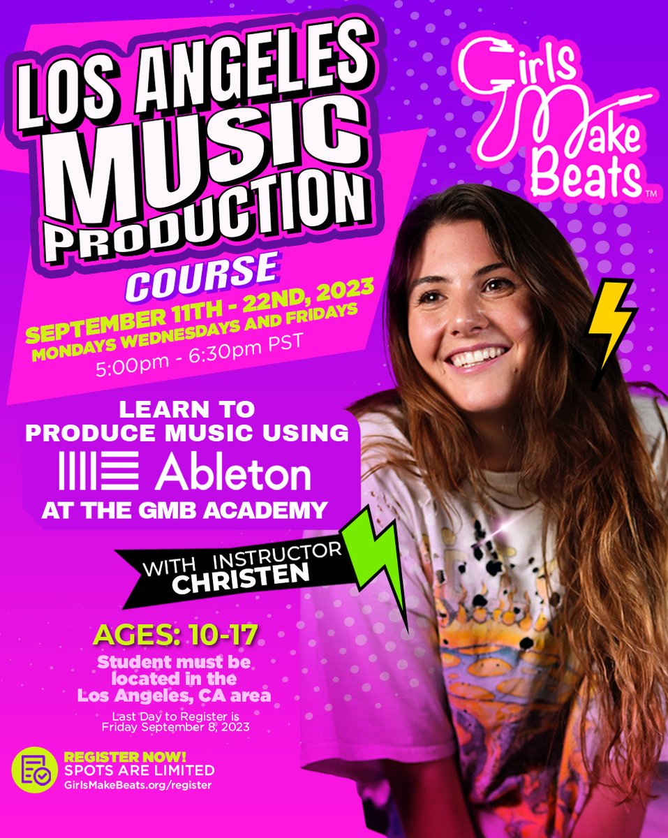 HEY LA! Our partner/grantee @GirlsMakeBeats next music production course will be led by Ms. Christen &amp; you will be learning how to produce on @ableton!!! It’s on Sept.11-22 - Mon, Wed, Fri 5-6:30 PM - at the GMB Academy in LA🎸❤️
girlsmakebeats.org/register to sign up today