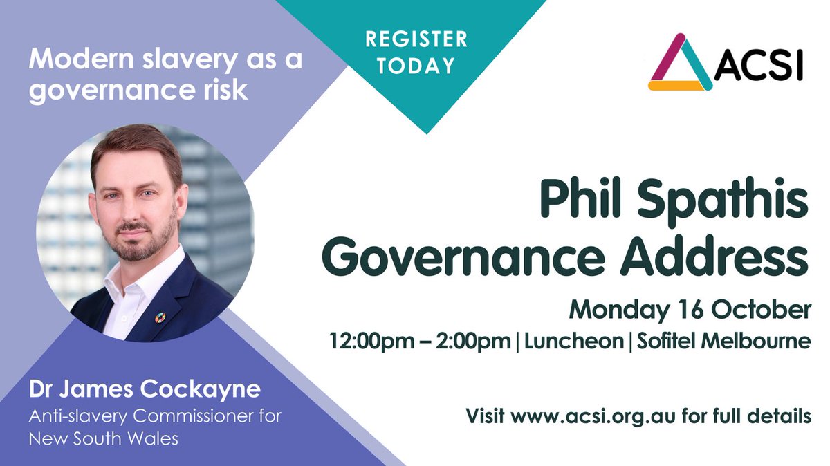 Modern slavery is an abuse of human rights, and poses serious reputational, financial and legal risks for companies and communities. Secure your seat for James Cockayne’s Address at the 2023 Phil Spathis lunch on 16 October. bit.ly/47j8x8a #PhilSpathis @James_Cockayne