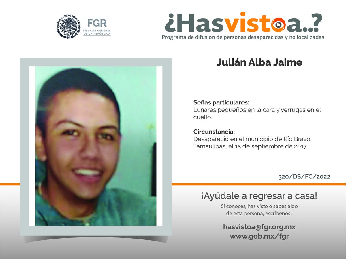 #Comparte, alguien puede tener algún dato que ayude a encontrarle o si conoces, #HasVistoA escribe al correo hasvistoa@pgr.gob.mx ¡Somos personas ayudando a otras personas! Visita: cedac.fgr.org.mx/HASVISTOA/ #desaparecidos #Desaparecidas #HastaEncontrarte #México @FGRMexico